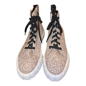 Linea Paolo Dalmation Print Calf Hair High‎ Top Sneakers Gold Zip Lace Up